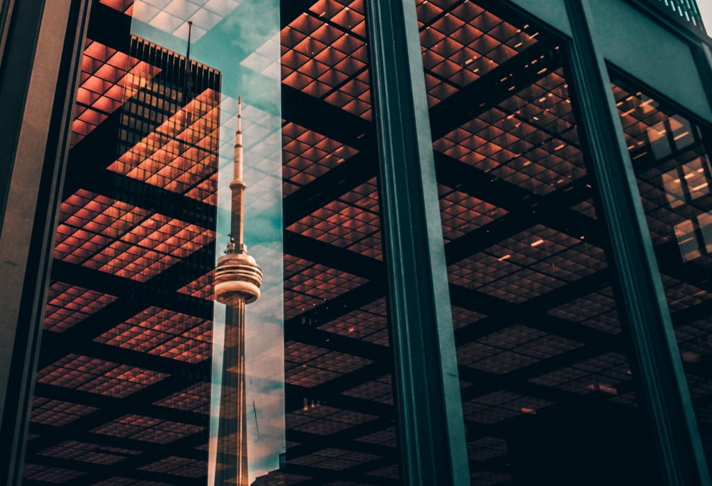 Reflection of the CN tower in a building