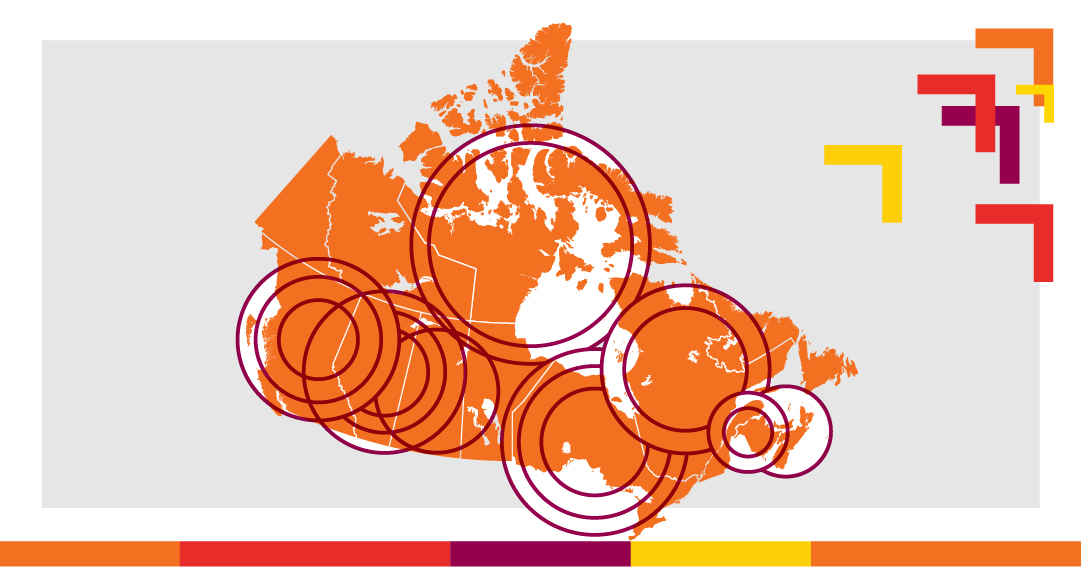 Carte du Canada avec des cercles concentriques émanant de différentes régions, démontrant l'impact de Catapulte Canada à travers le pays.